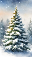 Fototapeta premium A snow-covered evergreen tree stands in a winter forest, with softly falling snowflakes and a serene, misty background.