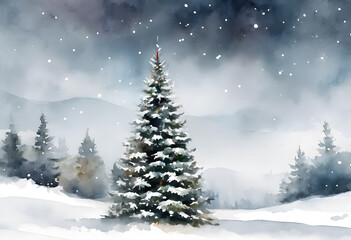 Obraz premium A snow-covered evergreen tree stands in a winter forest, with softly falling snowflakes and a serene, misty background.