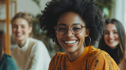 A woman with curly hair and glasses is smiling at the camera