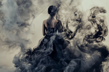 a woman stands still as her dress is made of swirling dark smoke that drifts and curls around her body