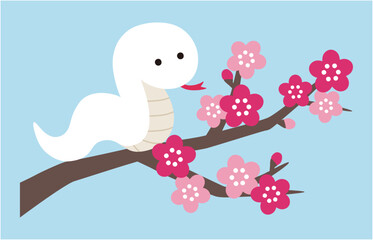 かわいい梅の花と白蛇のベクターイラスト　巳　巳年　アイコン　年賀状