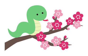 かわいい梅の花と蛇のベクターイラスト　巳　巳年　干支　アイコン　年賀状　