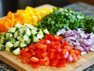 a wooden cutting board is filled with freshly chopped vegetables, including bright red bell peppers, green zucchinis and more, all resting on a kitchen counter