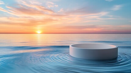 Circular White Shape Floating on Tranquil Ocean at Sunset