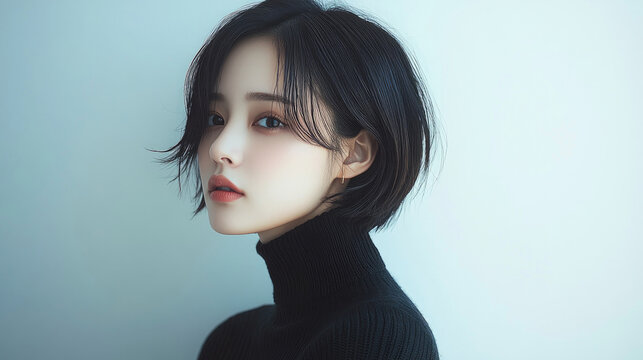 A short haired woman wearing a black sweater