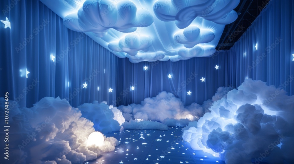 Poster a dreamy setting with glowing inflatable clouds and stars adorning the ceiling creating a magical fe