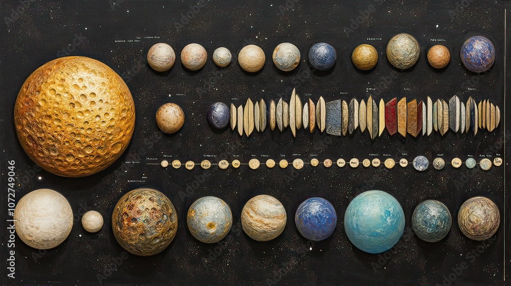 Poster a detailed scale model of the solar system with planets, moons, and asteroids displayed on a black b