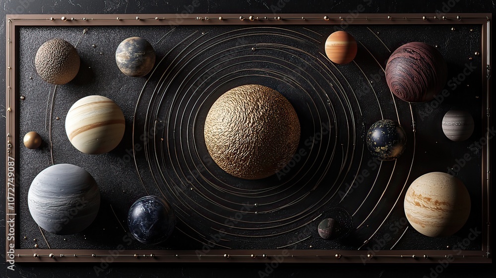Poster a minimalist illustration of the solar system with planets arranged in a circular pattern around the