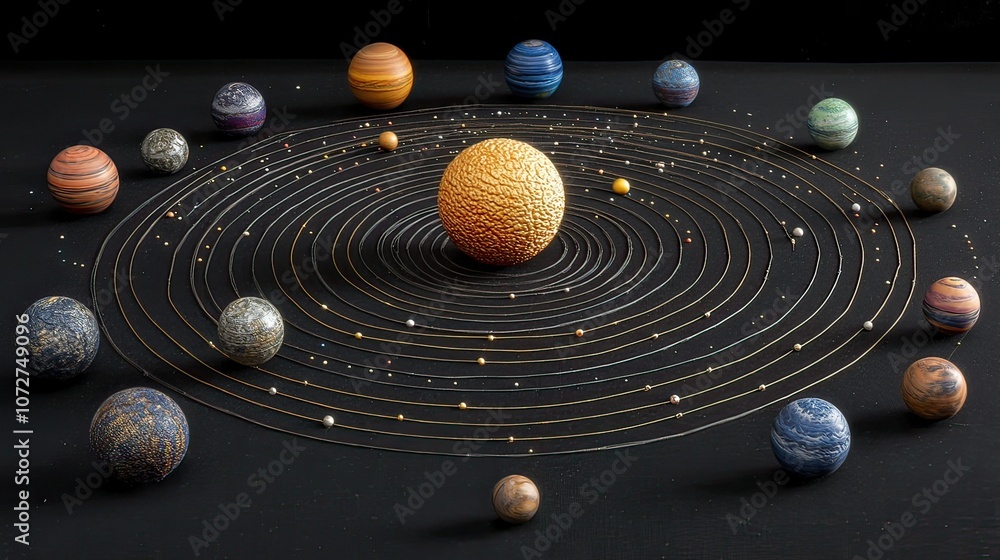 Poster a model of the solar system with the sun in the center and planets orbiting around it on a black bac