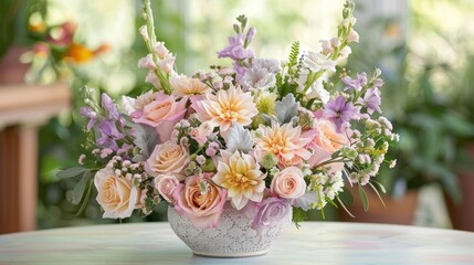 A delightful blend of pastel florals and dainty lace accents make for a charming and lighthearted arrangement.