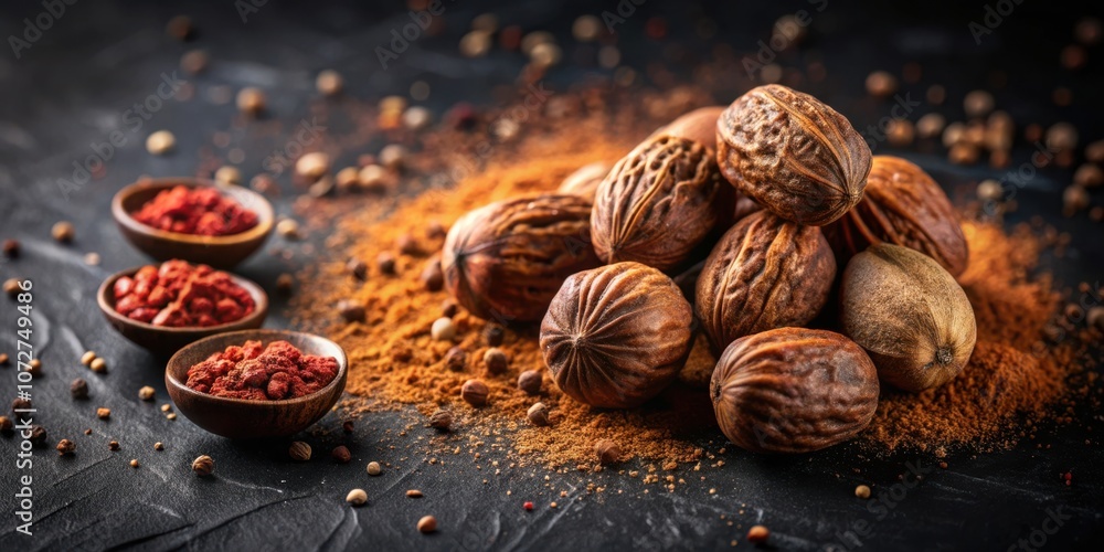 Poster aromatic nutmeg seeds and powdered spices on a dark background