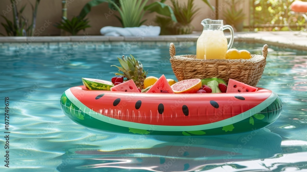 Poster a playful watermelon slice pool float with deep green and juicy red hues floating in a pool beside a
