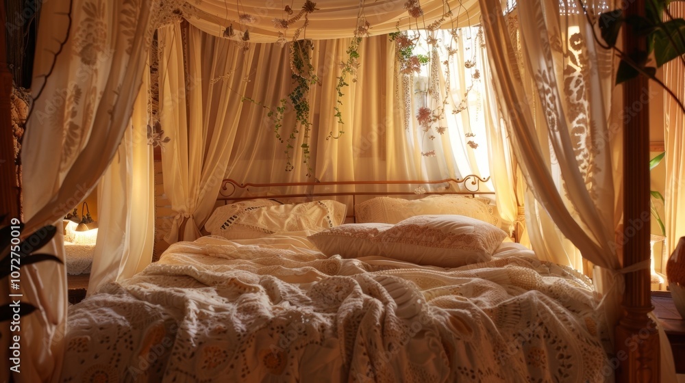 Poster a romantic sanctuary with a fourposter bed dd in flowy curtains creating a private and enchanting sp