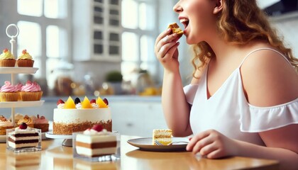デザートを食べるプラスサイズの女性