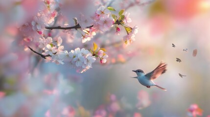 Bird Flying Through Cherry Blossoms