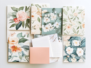 delicate floral themed wrapping paper and envelopes with pastel colors arranged in a beautiful spring layout
