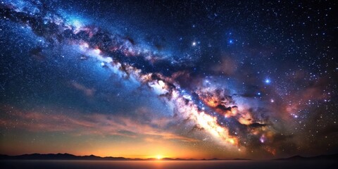 A celestial canvas of stars and nebulas over a distant horizon with the faint glow of a sunrise