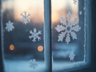 large frosty window covered in intricate snowflake patterns with a cozy indoor view for winter ambiance