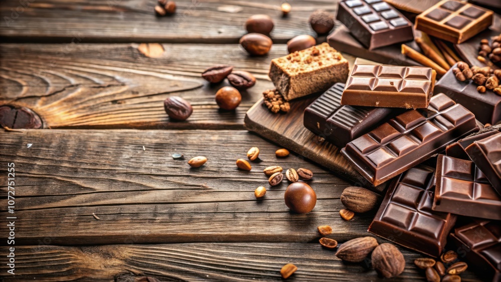 Poster a rustic wooden table with a selection of assorted chocolate bars, coffee beans, and nuts