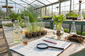 Exploring plant growth in a greenhouse laboratory at midday with various scientific tools and greenery around