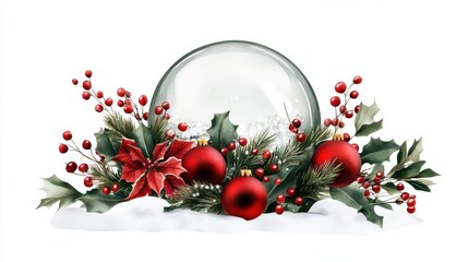 Festive holiday decoration with red ornaments and greenery around a snow globe.