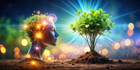 Growth of Positive Ideas: A Creative Mind with Sprouting Plants and Glowing Orbs on Fertile Ground for Inspiring New Thoughts and Ideas