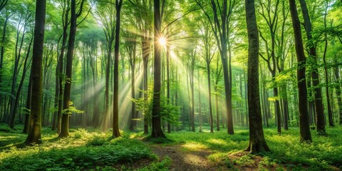 Fototapeta premium Dense forest with tall trees and dappled sunlight filtering through leaves, foliage, woodland