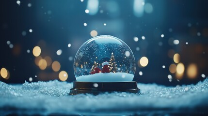 A festive Christmas snow globe with falling snow and warm bokeh lights.