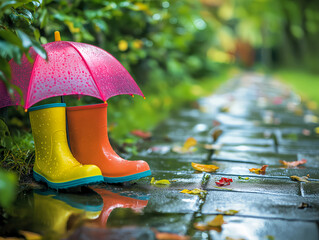 Fototapeta premium colorful rain boots are placed outside with a small umbrella propped above them, creating a whimsical scene