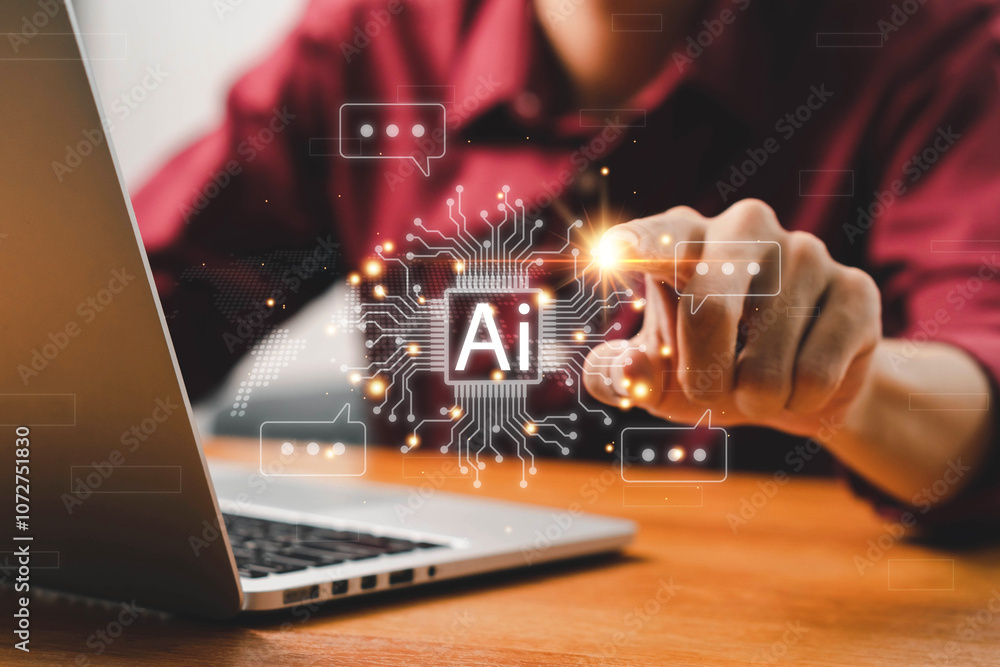 Poster ai technology, artificial intelligence. man using technology smart robot ai, artificial intelligence