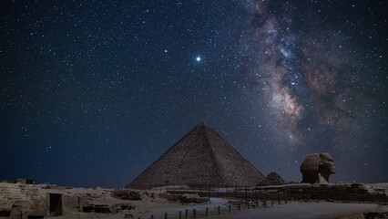 Egypt Pyramid of Khufu Sphinx Night Starry Sky