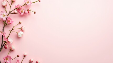 Fototapeta premium Banner with cherry flowers on pastel pink background. Greeting card template for wedding, Mothers Day or Woman's Day. Springtime composition with copy space. Flat lay, top view