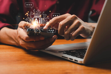 Ai technology, Artificial Intelligence. man using technology smart robot AI, artificial intelligence by enter command prompt for generates something, Futuristic technology transformation. Chat with AI