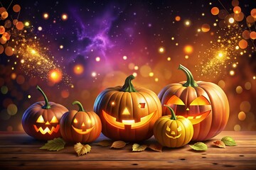 Halloween Carved Cartoon Pumpkins with Pop-Up Animation and Floating Pumpkin Head Particles in a Spooky Atmosphere, Perfect for Seasonal Decorations and Festive Celebrations