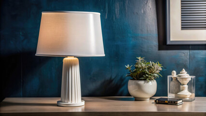 Minimalist white blank lamp template on blue wall background.Interior layout lamp shade mockup. Image perfect for home decor or interior design.