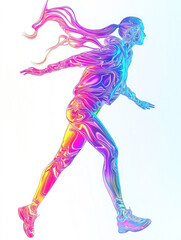 3D images of women dancing displayed by colorful neon lights and glowing holographic projections
