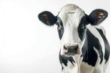 Close-up of a black and white cow with a curious expression against a white background.