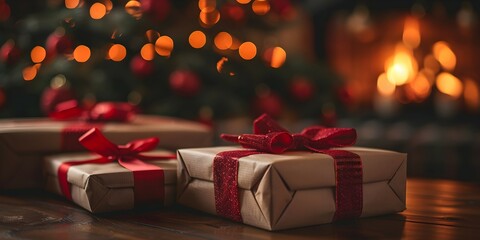 gift under a Christmas tree against the background of the fireplace