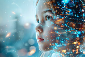 double exposure image of a young child’s face blended with futuristic digital elements, symbolizing technology, innovation, and the potential of the next generation