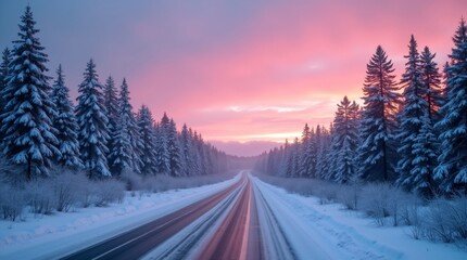 Obraz premium Banner with winter panorama landscape. Forest, trees and road covered snow. Sunrise, winterly morning of a new day. Purple landscape with sunset. Happy New Year and Christmas. Travel and tourism
