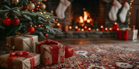 gift under a Christmas tree against the background of the fireplace