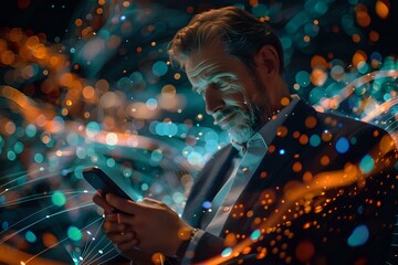 businessman using his smartphone surrounded by dynamic, glowing data streams, symbolizing connectivity, digital transformation, and modern technology. Ideal for themes of innovation