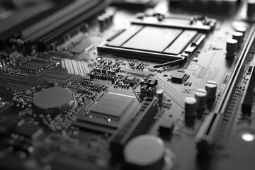 Fototapeta premium Detailed View of Circuitry and Heatsinks on Motherboard