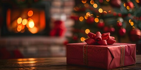 gift under a Christmas tree against the background of the fireplace