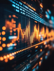 Stock market data. Table of digital data displayed on large screen with lights and blurred background