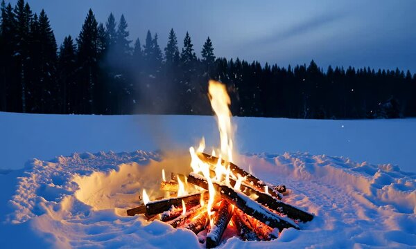 bonfire on snow covered ground in nature landscape winter season, flickering flame with copy space, camping calm peaceful