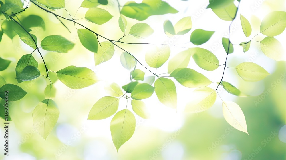 Poster sunlight filtering through green leaves on a tree branch, creating a soft, natural background.