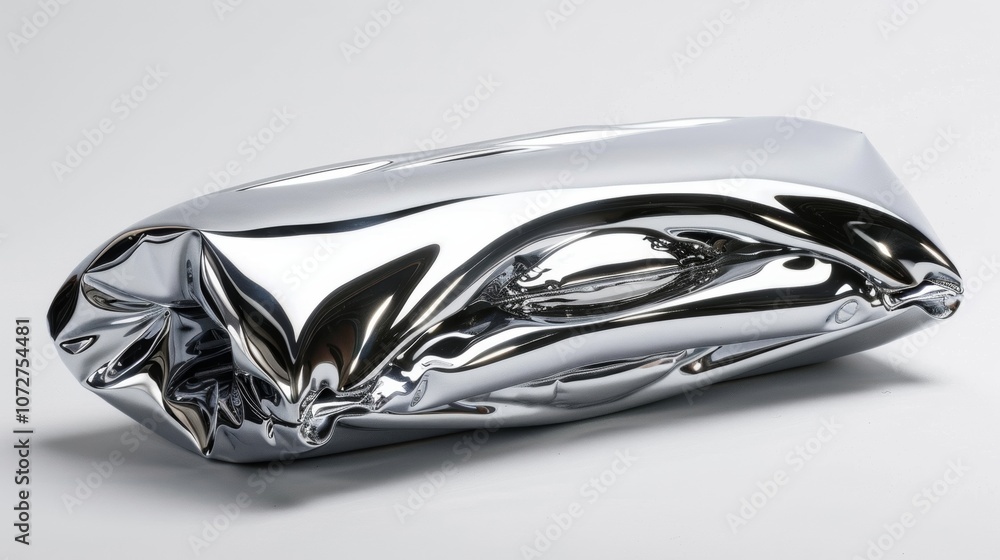 Poster a futuristic clutch bag with a sleek metallic finish featuring an inflatable structure that adds a u