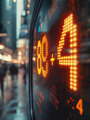 Stock market data. Table of digital data displayed on large screen with lights and blurred background