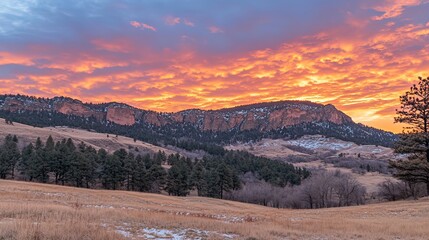 A vibrant orange and pink sunset sky over a mountain range, with a foreground of dry grass and trees.